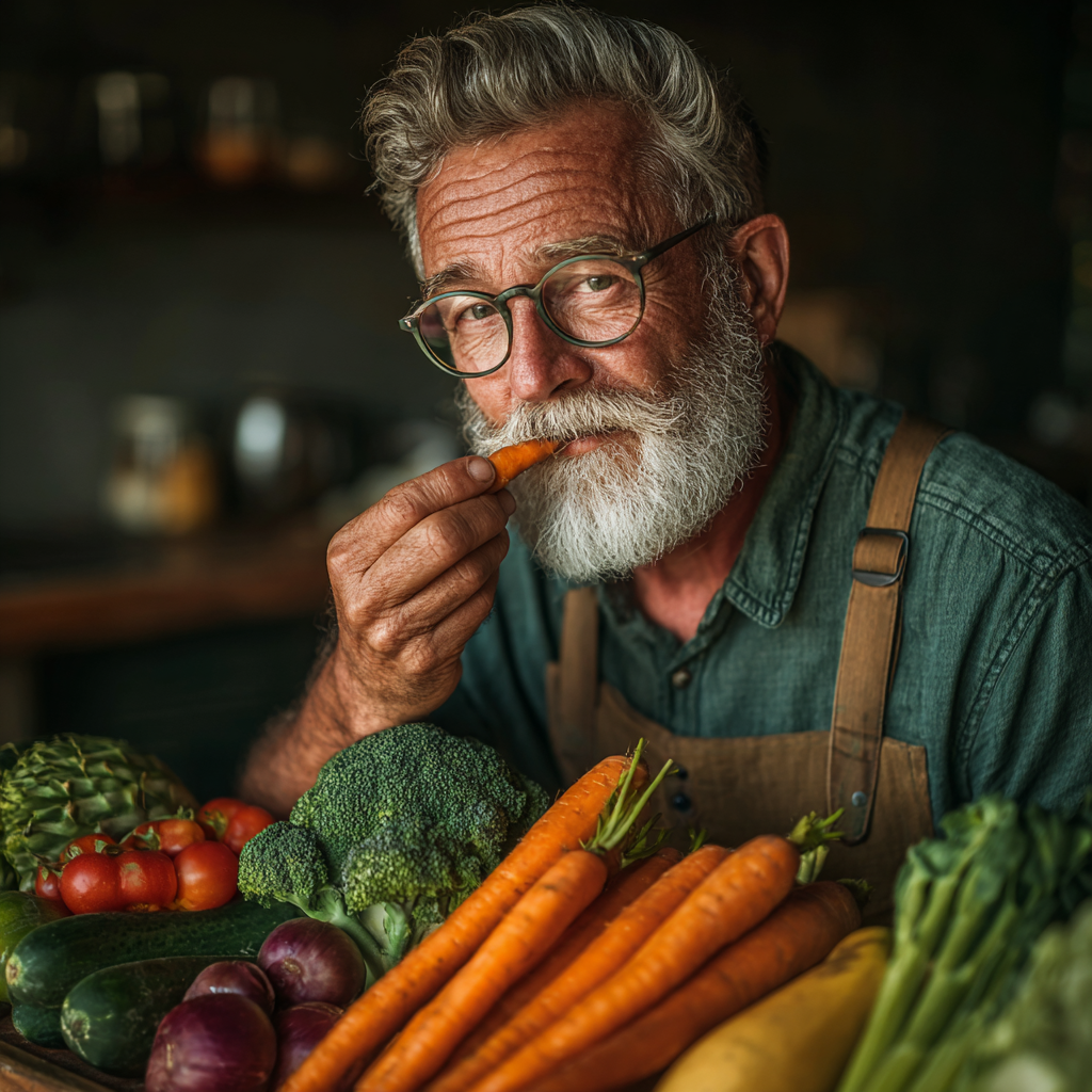 Senior man eating healthy colorful vegetables and fruits rich in vitamins for eye health