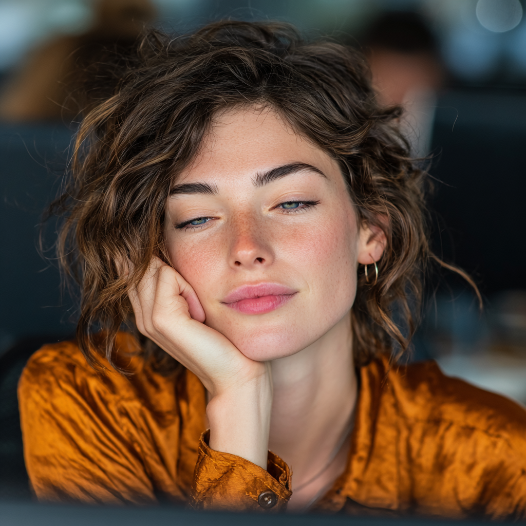Young professional woman taking a break from computer work to rest her eyes in modern office environment